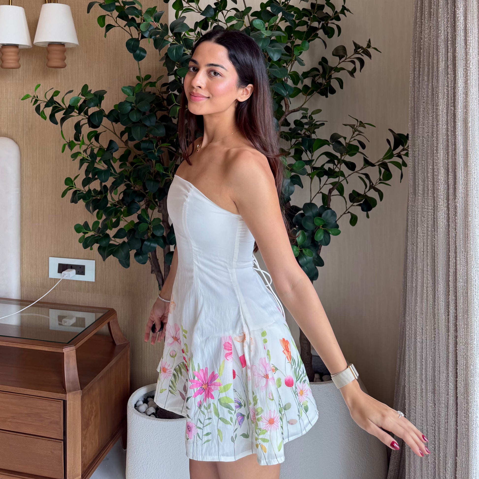 Flora Dress: white strapless mini dress with floral print at the hem, Shop Mauve
