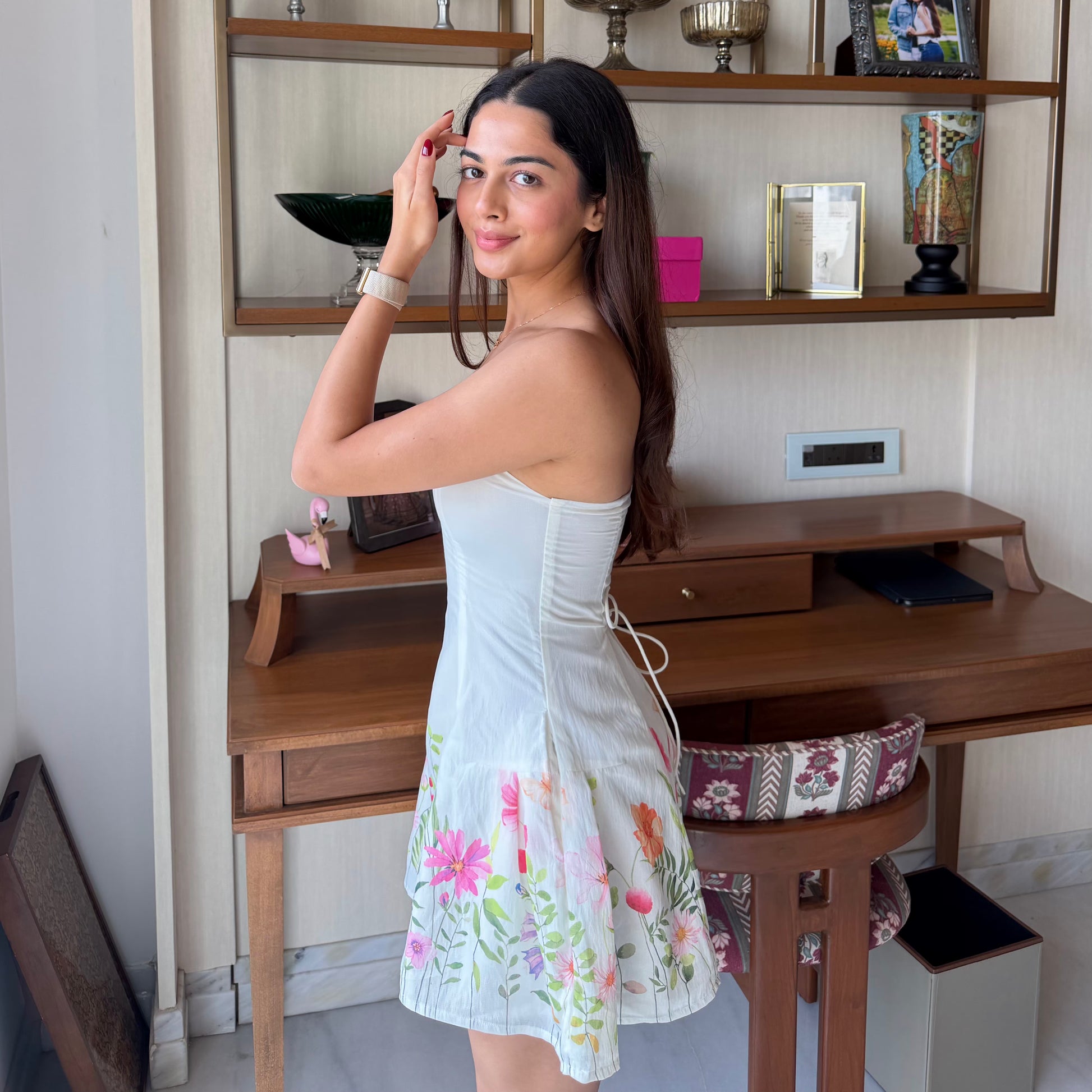 Flora Dress: white strapless mini dress with floral print at the hem, Shop Mauve