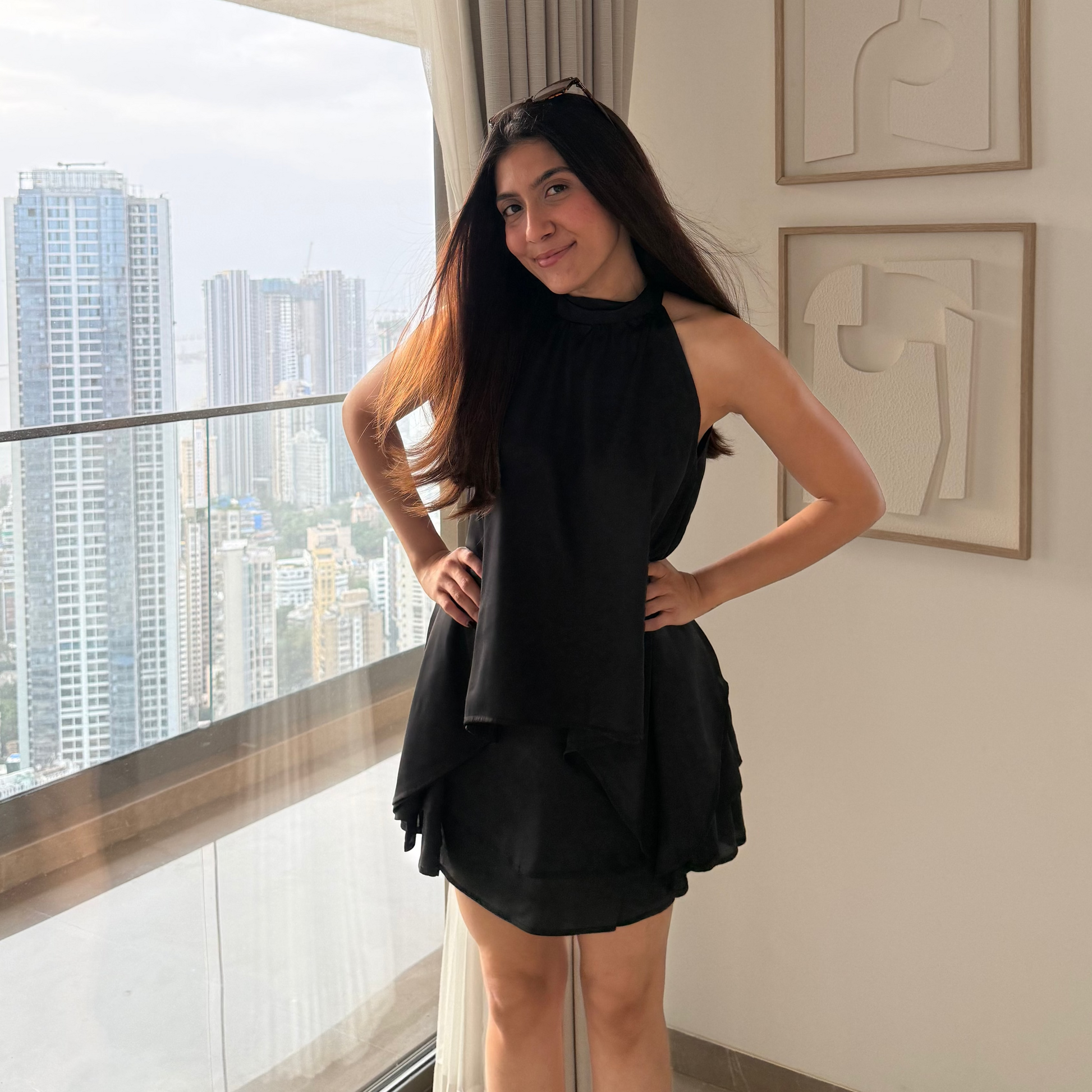 Elsa Top: black satin halter neck top with asymmetrical ruffled hem, Shop Mauve