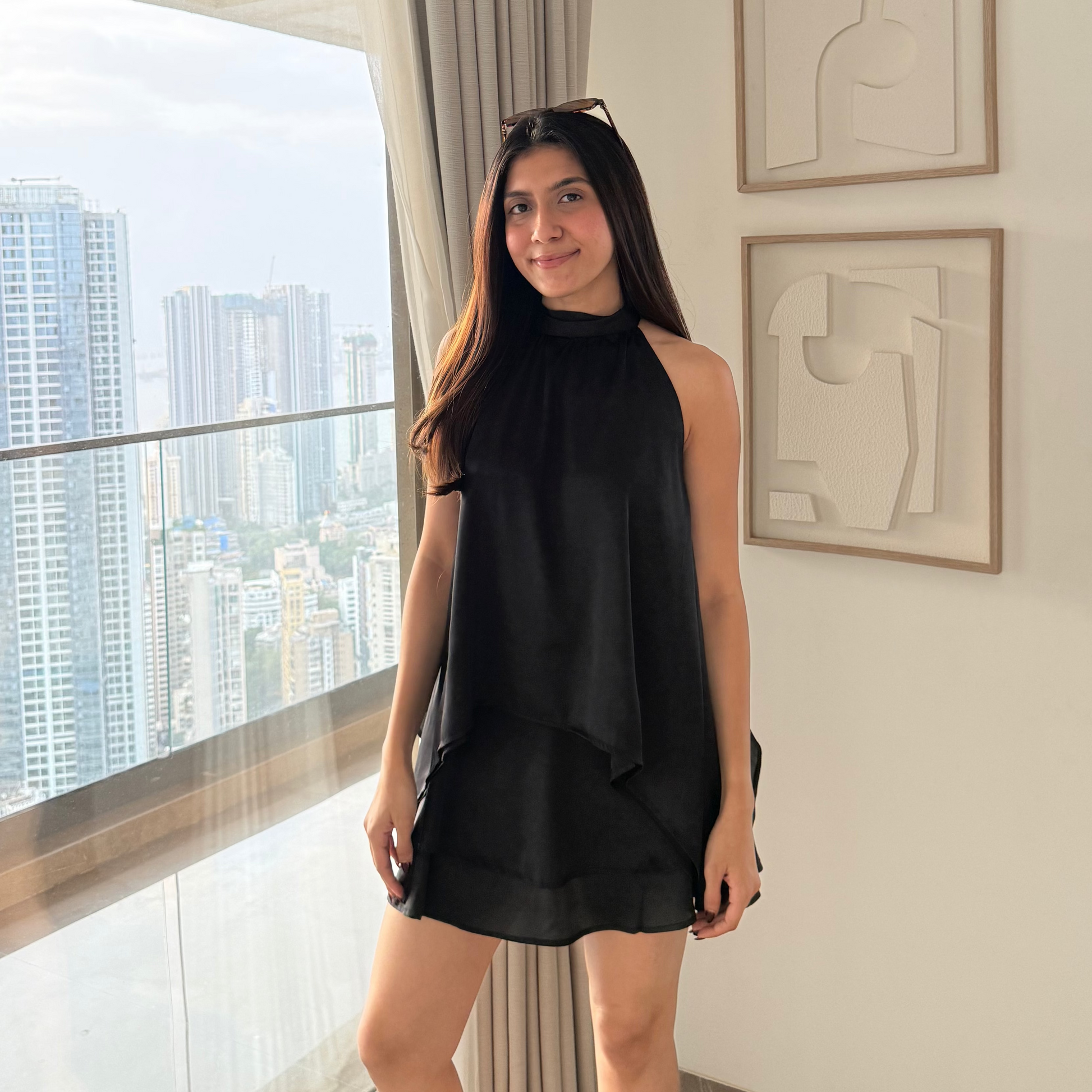 Elsa Top: black satin halter neck top with asymmetrical ruffled hem, Shop Mauve