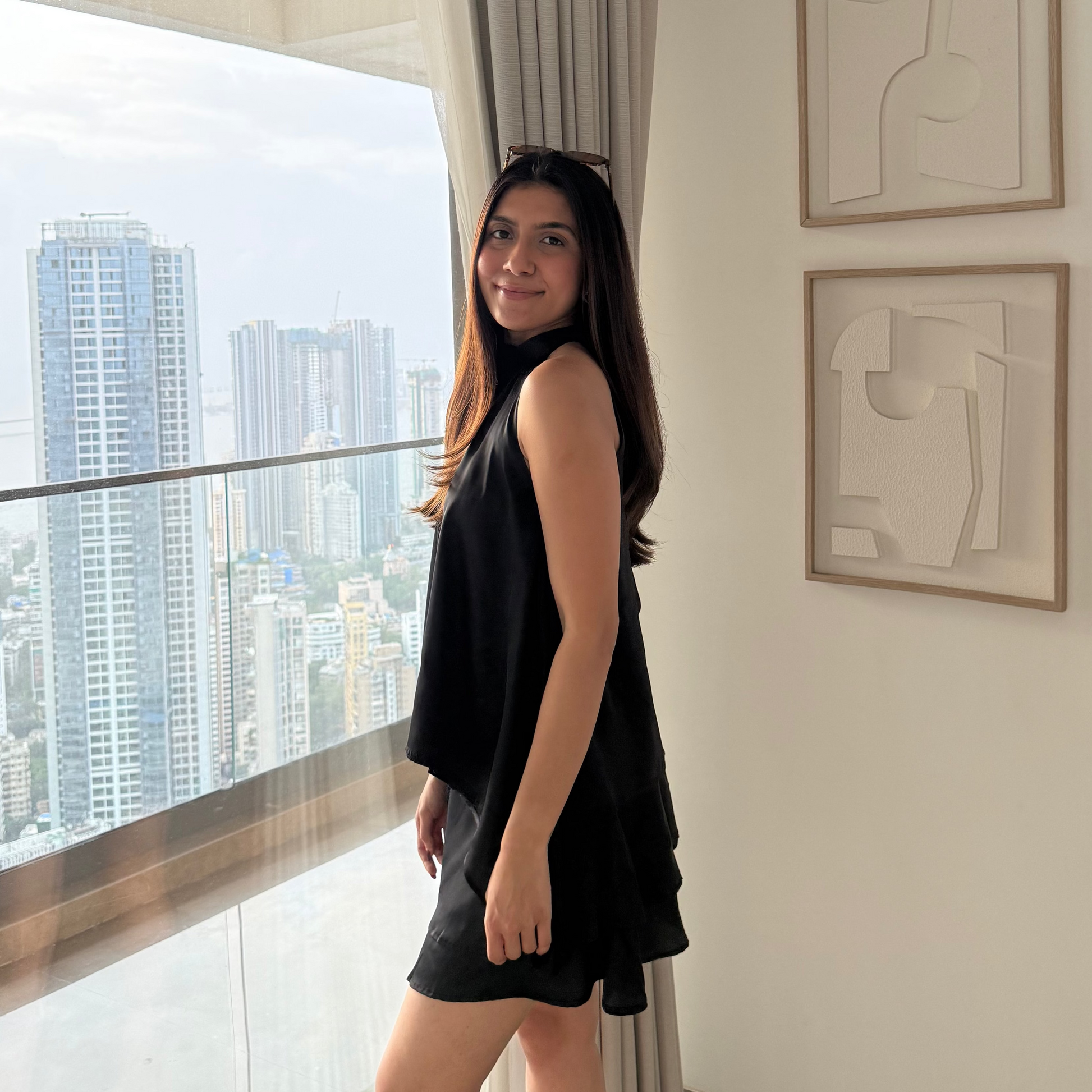 Elsa Top: black satin halter neck top with asymmetrical ruffled hem, Shop Mauve
